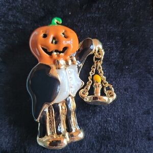 Whimsical Pumpkin Man Butler Brooch with Dangle Candle Charm